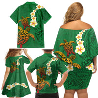 Hawaii Turtle Plumeria Flower Family Matching Off Shoulder Short Dress and Hawaiian Shirt Polynesian Pattern Green Color
