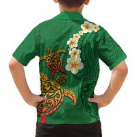 Hawaii Turtle Plumeria Flower Family Matching Tank Maxi Dress and Hawaiian Shirt Polynesian Pattern Green Color