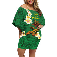 Hawaii Turtle Plumeria Flower Off Shoulder Short Dress Polynesian Pattern Green Color LT03 Women Green - Polynesian Pride