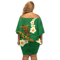 Hawaii Turtle Plumeria Flower Off Shoulder Short Dress Polynesian Pattern Green Color LT03 - Polynesian Pride