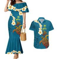Hawaii Turtle Plumeria Flower Couples Matching Mermaid Dress and Hawaiian Shirt Polynesian Pattern Blue Color LT03 Blue - Polynesian Pride