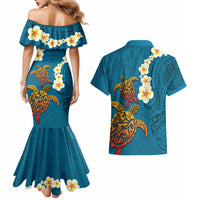 Hawaii Turtle Plumeria Flower Couples Matching Mermaid Dress and Hawaiian Shirt Polynesian Pattern Blue Color LT03 - Polynesian Pride
