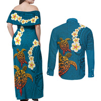 Hawaii Turtle Plumeria Flower Couples Matching Off Shoulder Maxi Dress and Long Sleeve Button Shirt Polynesian Pattern Blue Color LT03 - Polynesian Pride