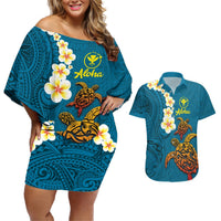 Hawaii Turtle Plumeria Flower Couples Matching Off Shoulder Short Dress and Hawaiian Shirt Polynesian Pattern Blue Color LT03 Blue - Polynesian Pride