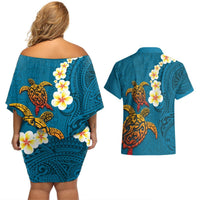 Hawaii Turtle Plumeria Flower Couples Matching Off Shoulder Short Dress and Hawaiian Shirt Polynesian Pattern Blue Color LT03 - Polynesian Pride
