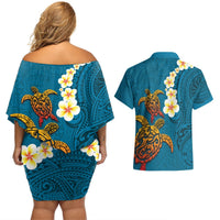 Hawaii Turtle Plumeria Flower Couples Matching Off Shoulder Short Dress and Hawaiian Shirt Polynesian Pattern Blue Color