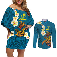 Hawaii Turtle Plumeria Flower Couples Matching Off Shoulder Short Dress and Long Sleeve Button Shirt Polynesian Pattern Blue Color LT03 Blue - Polynesian Pride
