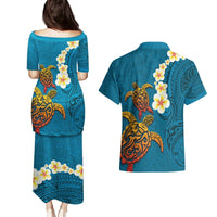 Hawaii Turtle Plumeria Flower Couples Matching Puletasi and Hawaiian Shirt Polynesian Pattern Blue Color LT03 - Polynesian Pride