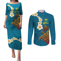 Hawaii Turtle Plumeria Flower Couples Matching Puletasi and Long Sleeve Button Shirt Polynesian Pattern Blue Color LT03 Blue - Polynesian Pride
