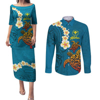 Hawaii Turtle Plumeria Flower Couples Matching Puletasi and Long Sleeve Button Shirt Polynesian Pattern Blue Color LT03 Blue - Polynesian Pride