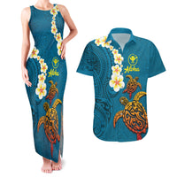 Hawaii Turtle Plumeria Flower Couples Matching Tank Maxi Dress and Hawaiian Shirt Polynesian Pattern Blue Color LT03 Blue - Polynesian Pride