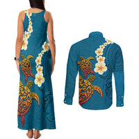 Hawaii Turtle Plumeria Flower Couples Matching Tank Maxi Dress and Long Sleeve Button Shirt Polynesian Pattern Blue Color LT03 - Polynesian Pride