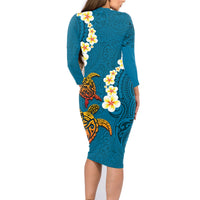 Hawaii Turtle Plumeria Flower Family Matching Long Sleeve Bodycon Dress and Hawaiian Shirt Polynesian Pattern Blue Color LT03 - Polynesian Pride