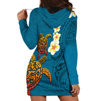 Hawaii Turtle Plumeria Flower Hoodie Dress Polynesian Pattern Blue Color LT03 - Polynesian Pride