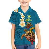 Hawaii Turtle Plumeria Flower Kid Hawaiian Shirt Polynesian Pattern Blue Color LT03 Kid Blue - Polynesian Pride