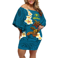 Hawaii Turtle Plumeria Flower Off Shoulder Short Dress Polynesian Pattern Blue Color LT03 Women Blue - Polynesian Pride