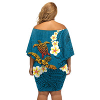 Hawaii Turtle Plumeria Flower Off Shoulder Short Dress Polynesian Pattern Blue Color LT03 - Polynesian Pride
