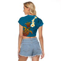 Hawaii Turtle Plumeria Flower Raglan Cropped T Shirt Polynesian Pattern Blue Color