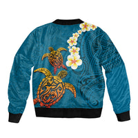 Hawaii Turtle Plumeria Flower Sleeve Zip Bomber Jacket Polynesian Pattern Blue Color LT03 - Polynesian Pride