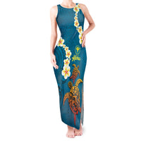 Hawaii Turtle Plumeria Flower Tank Maxi Dress Polynesian Pattern Blue Color LT03 Women Blue - Polynesian Pride