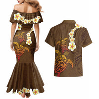Hawaii Turtle Plumeria Flower Couples Matching Mermaid Dress and Hawaiian Shirt Polynesian Pattern Brown Color LT03 - Polynesian Pride