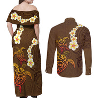 Hawaii Turtle Plumeria Flower Couples Matching Off Shoulder Maxi Dress and Long Sleeve Button Shirt Polynesian Pattern Brown Color LT03 - Polynesian Pride