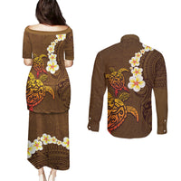 Hawaii Turtle Plumeria Flower Couples Matching Puletasi and Long Sleeve Button Shirt Polynesian Pattern Brown Color LT03 - Polynesian Pride