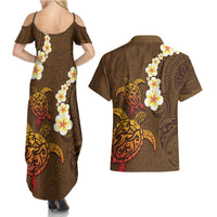 Hawaii Turtle Plumeria Flower Couples Matching Summer Maxi Dress and Hawaiian Shirt Polynesian Pattern Brown Color