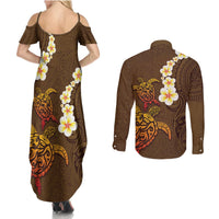 Hawaii Turtle Plumeria Flower Couples Matching Summer Maxi Dress and Long Sleeve Button Shirt Polynesian Pattern Brown Color LT03 - Polynesian Pride