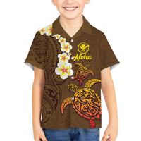 Hawaii Turtle Plumeria Flower Kid Hawaiian Shirt Polynesian Pattern Brown Color LT03 Kid Brown - Polynesian Pride