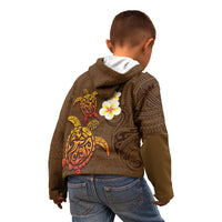 Hawaii Turtle Plumeria Flower Kid Hoodie Polynesian Pattern Brown Color