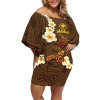 Hawaii Turtle Plumeria Flower Off Shoulder Short Dress Polynesian Pattern Brown Color LT03 Women Brown - Polynesian Pride