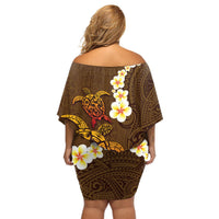 Hawaii Turtle Plumeria Flower Off Shoulder Short Dress Polynesian Pattern Brown Color LT03 - Polynesian Pride