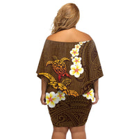 Hawaii Turtle Plumeria Flower Off Shoulder Short Dress Polynesian Pattern Brown Color LT03 - Polynesian Pride