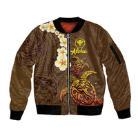 Hawaii Turtle Plumeria Flower Sleeve Zip Bomber Jacket Polynesian Pattern Brown Color LT03 Unisex Brown - Polynesian Pride