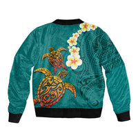 Hawaii Turtle Plumeria Flower Bomber Jacket Polynesian Pattern Turquoise Color LT03 - Polynesian Pride