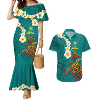 Hawaii Turtle Plumeria Flower Couples Matching Mermaid Dress and Hawaiian Shirt Polynesian Pattern Turquoise Color LT03 Turquoise - Polynesian Pride