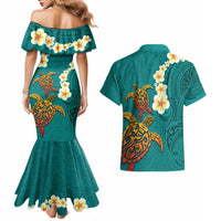 Hawaii Turtle Plumeria Flower Couples Matching Mermaid Dress and Hawaiian Shirt Polynesian Pattern Turquoise Color LT03 - Polynesian Pride