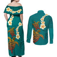 Hawaii Turtle Plumeria Flower Couples Matching Off Shoulder Maxi Dress and Long Sleeve Button Shirt Polynesian Pattern Turquoise Color LT03 - Polynesian Pride