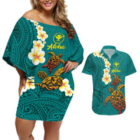 Hawaii Turtle Plumeria Flower Couples Matching Off Shoulder Short Dress and Hawaiian Shirt Polynesian Pattern Turquoise Color LT03 Turquoise - Polynesian Pride