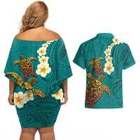 Hawaii Turtle Plumeria Flower Couples Matching Off Shoulder Short Dress and Hawaiian Shirt Polynesian Pattern Turquoise Color LT03 - Polynesian Pride