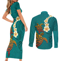 Hawaii Turtle Plumeria Flower Couples Matching Short Sleeve Bodycon Dress and Long Sleeve Button Shirt Polynesian Pattern Turquoise Color LT03 - Polynesian Pride