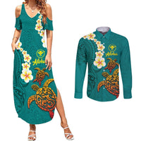 Hawaii Turtle Plumeria Flower Couples Matching Summer Maxi Dress and Long Sleeve Button Shirt Polynesian Pattern Turquoise Color LT03 Turquoise - Polynesian Pride