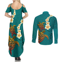 Hawaii Turtle Plumeria Flower Couples Matching Summer Maxi Dress and Long Sleeve Button Shirt Polynesian Pattern Turquoise Color LT03 - Polynesian Pride
