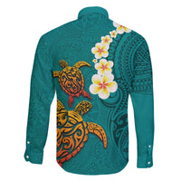 Hawaii Turtle Plumeria Flower Family Matching Summer Maxi Dress and Hawaiian Shirt Polynesian Pattern Turquoise Color LT03 - Polynesian Pride