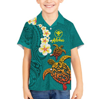 Hawaii Turtle Plumeria Flower Family Matching Tank Maxi Dress and Hawaiian Shirt Polynesian Pattern Turquoise Color