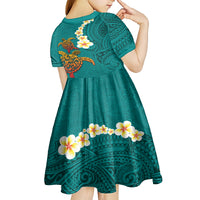 Hawaii Turtle Plumeria Flower Kid Short Sleeve Dress Polynesian Pattern Turquoise Color LT03 - Polynesian Pride