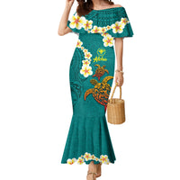 Hawaii Turtle Plumeria Flower Mermaid Dress Polynesian Pattern Turquoise Color LT03 Women Turquoise - Polynesian Pride