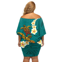 Hawaii Turtle Plumeria Flower Off Shoulder Short Dress Polynesian Pattern Turquoise Color LT03 - Polynesian Pride