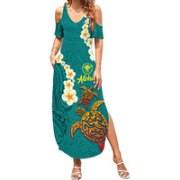 Hawaii Turtle Plumeria Flower Summer Maxi Dress Polynesian Pattern Turquoise Color LT03 Women Turquoise - Polynesian Pride